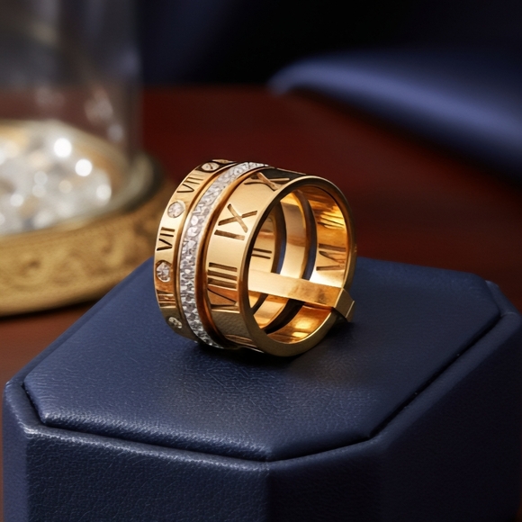 Modern Classic Roman Numeral Unisex Ring 18K Gold Plated Stainless Steel Sz 7 - Picture 10 of 15